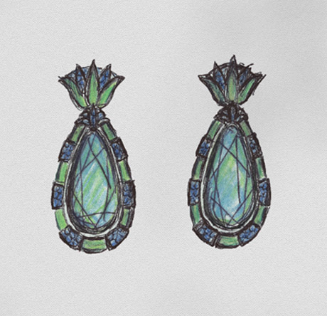 Earrings with aquamarines and saphires as a drawing
