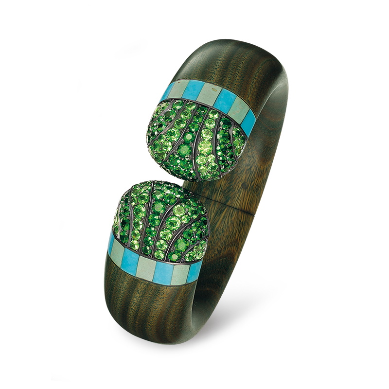 Harmony bangle by Hemmerle make of wood with tsavorites and turquoise