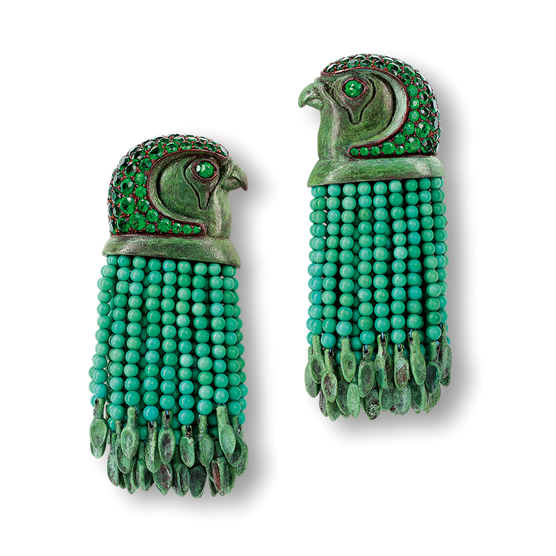 Earring with a bird head and tassels by Hemmerle